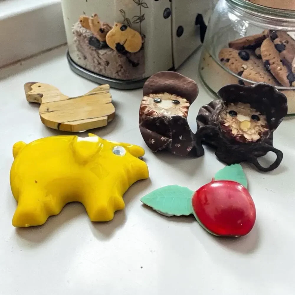 Vintage Fridge Magnets Pig, Apple, Wood Duck, Fabric Dolls Set